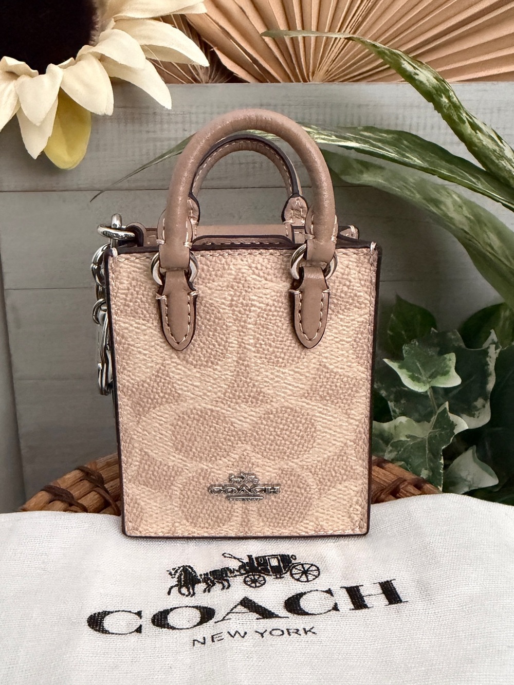 Coach North/South Mini Tote Bag Charm in Signature Canvas Tan & Beige F2448 NWOT
